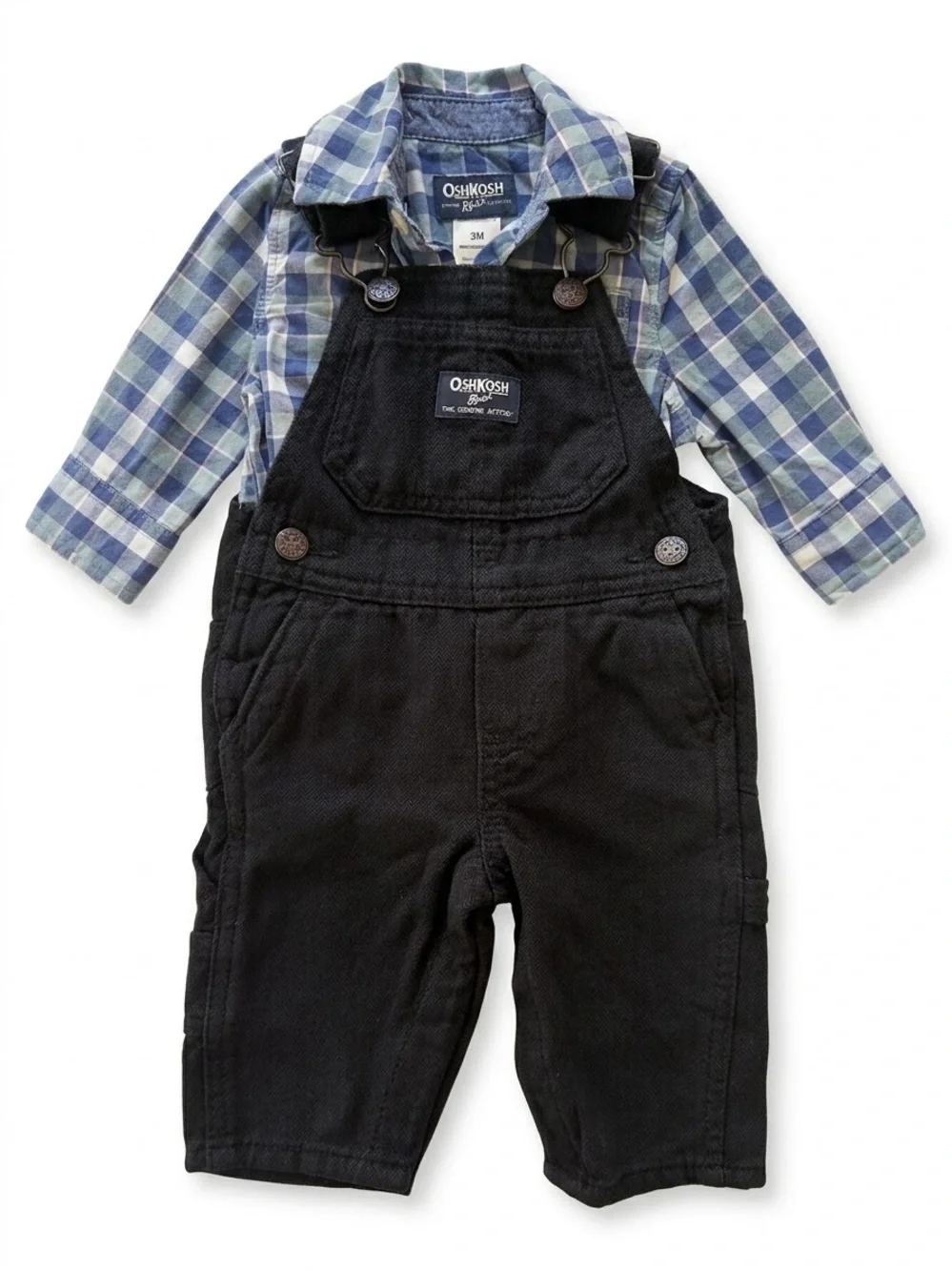 OshKosh B'gosh Baby Boys Black Overalls Blue Plaid Shirt Set 3M